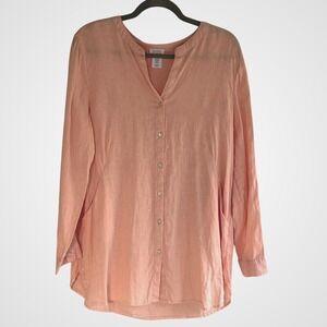 Sigrid Olsen Linen Button Down Tunic Peach Coral Roll Tab Sleeve Pocket Top M